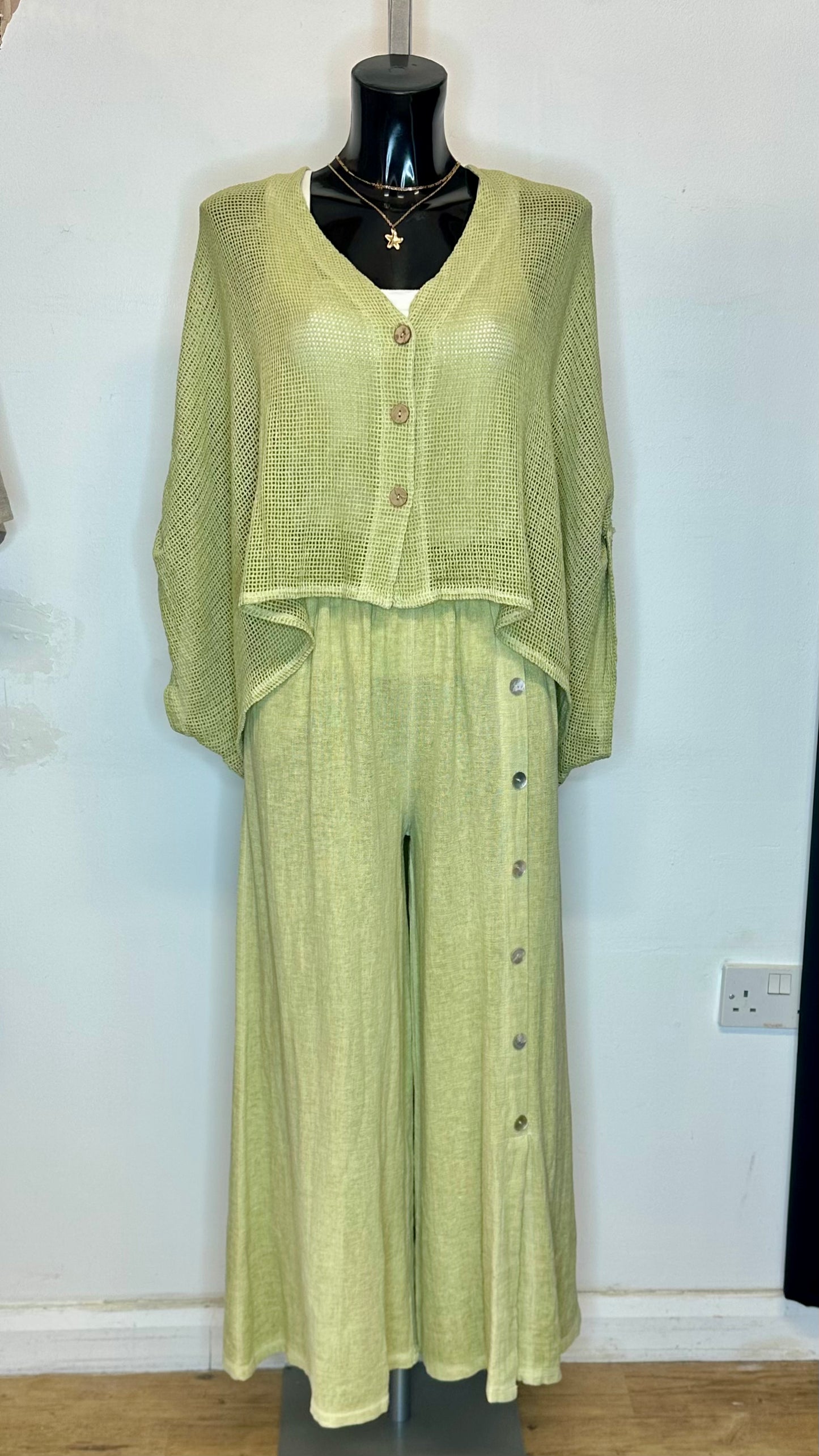 Cotton Mesh Button Top / Cardigan  - Pistachio Green Colour