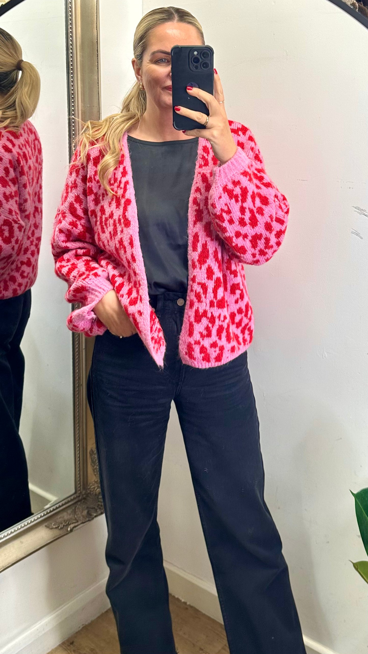 Animal Print Cardigan - Light Pink / Red