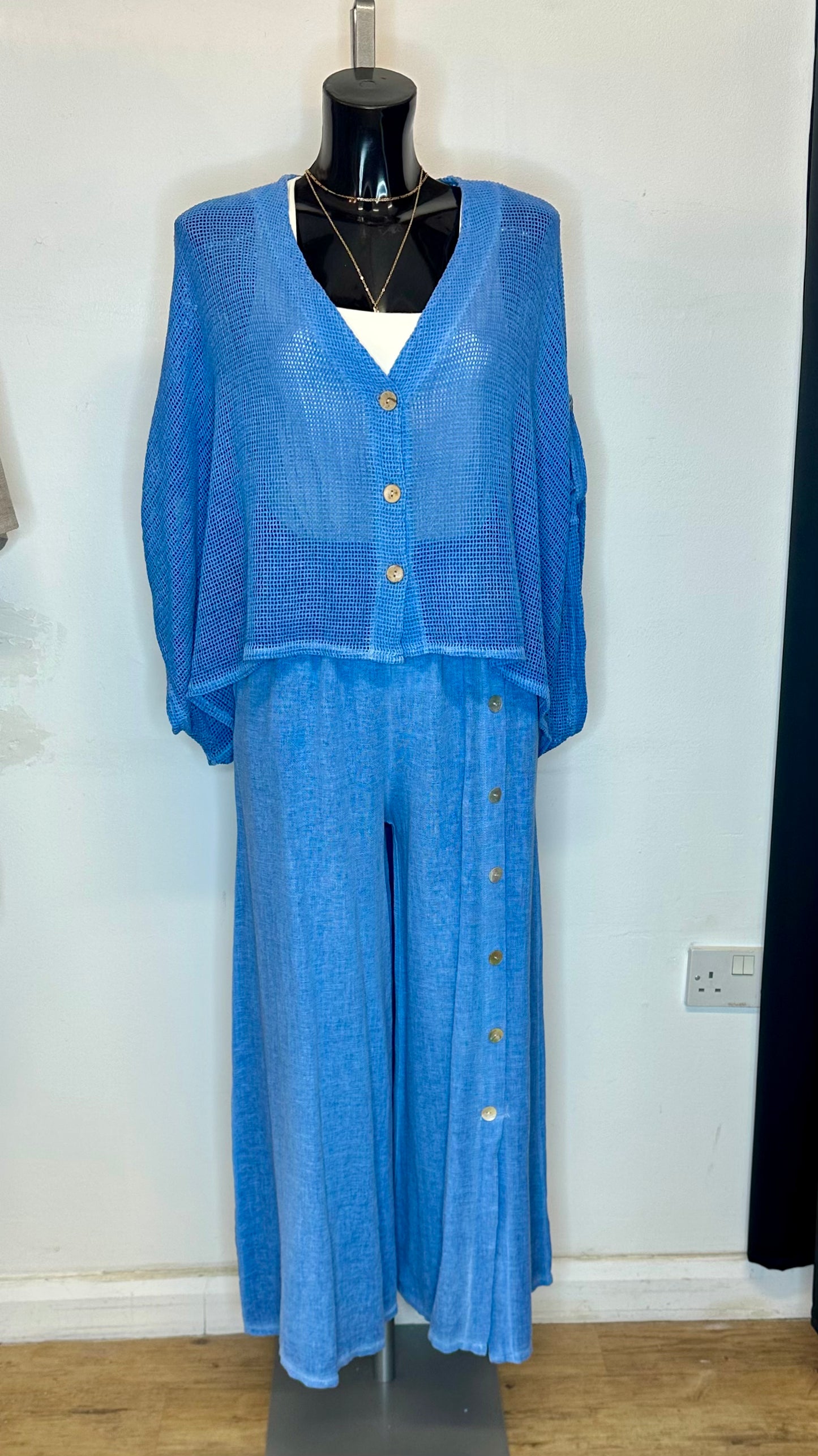 Cotton Mesh Button Top / Cardigan  - Blue Colour