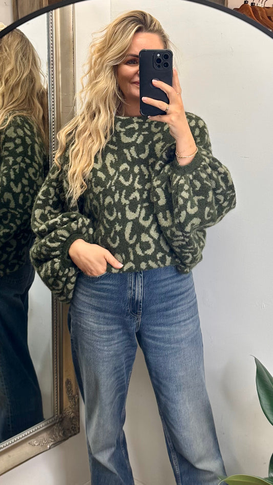 Animal Print Batwing Chunky Knit - Khaki Colour