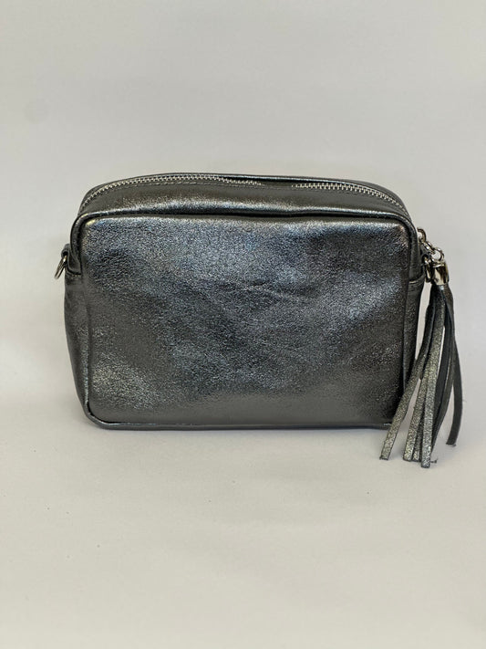Metallic Grey Camera Bag - Real Leather