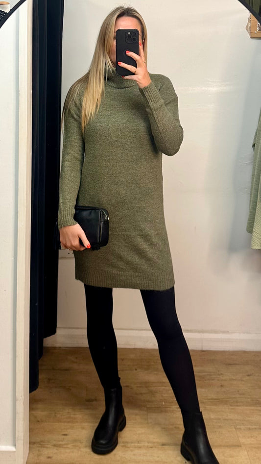 Cowl Neck Knitted Jumper Dress - Green