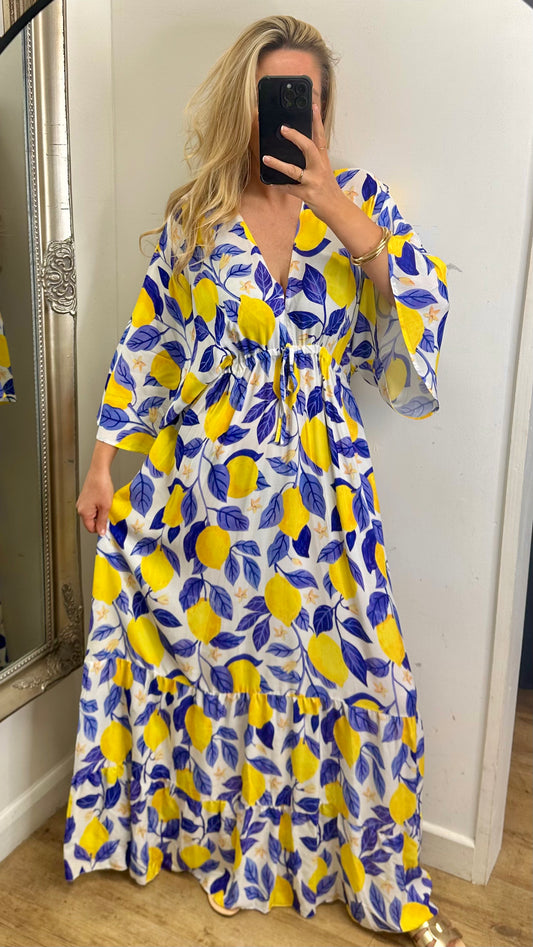 Blue / Yellow Lemon Maxi Dress