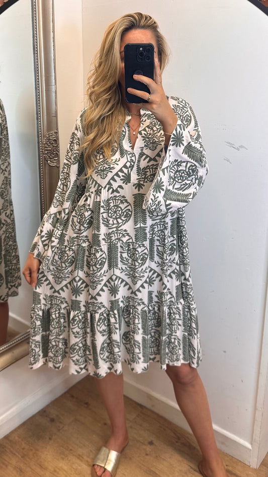 Patterned Smock Dress - Khaki Colour