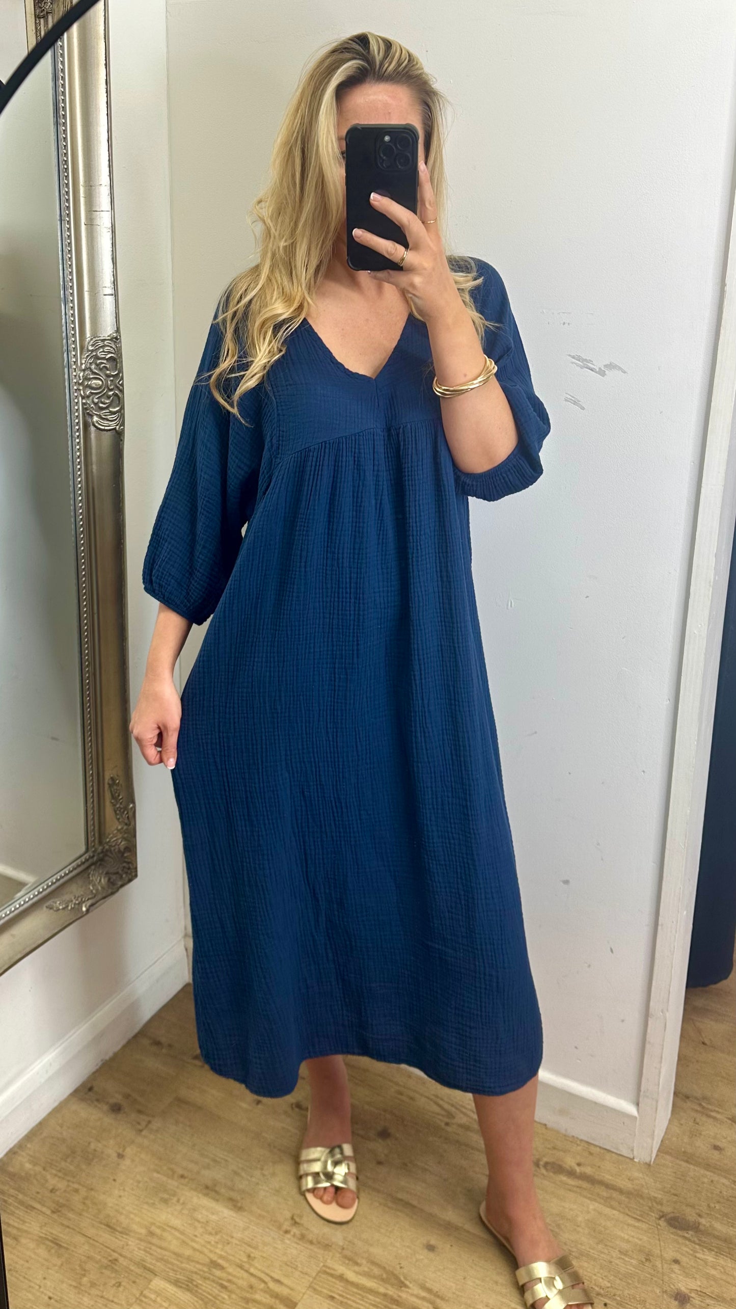 Navy cheesecloth midi dress