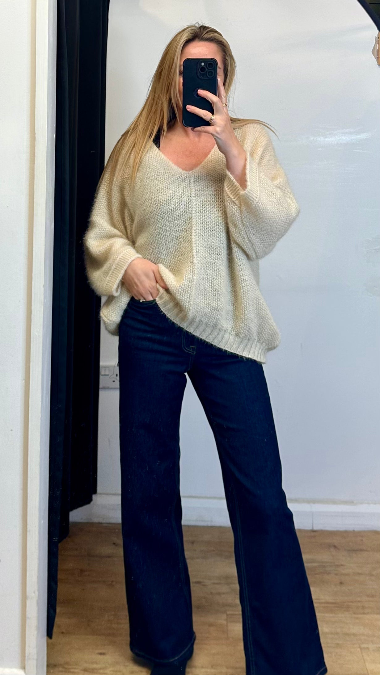 Fluffy V Neck Knit - Cream Colour