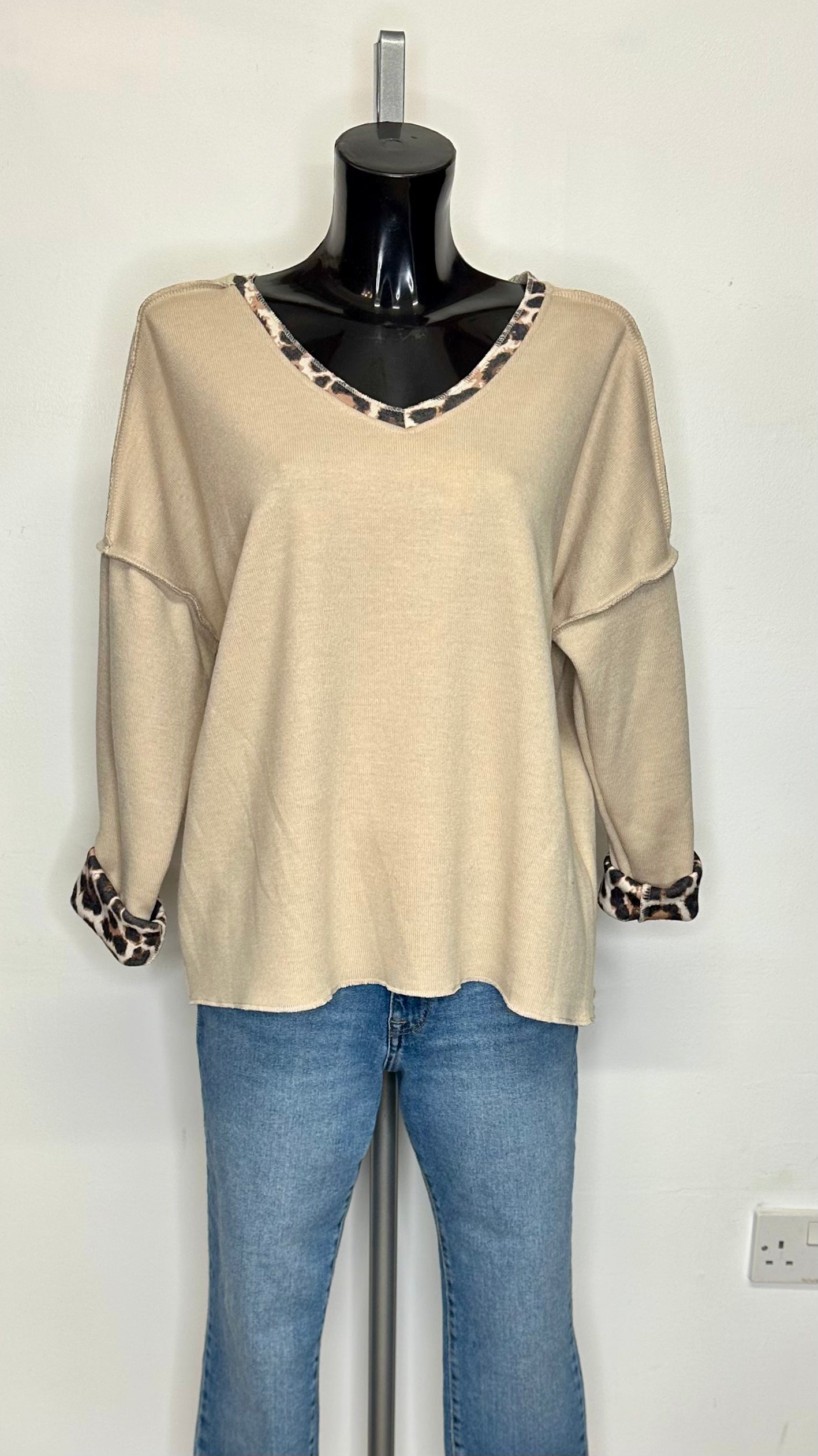 Leopard Trim Jumper - Beige Colour