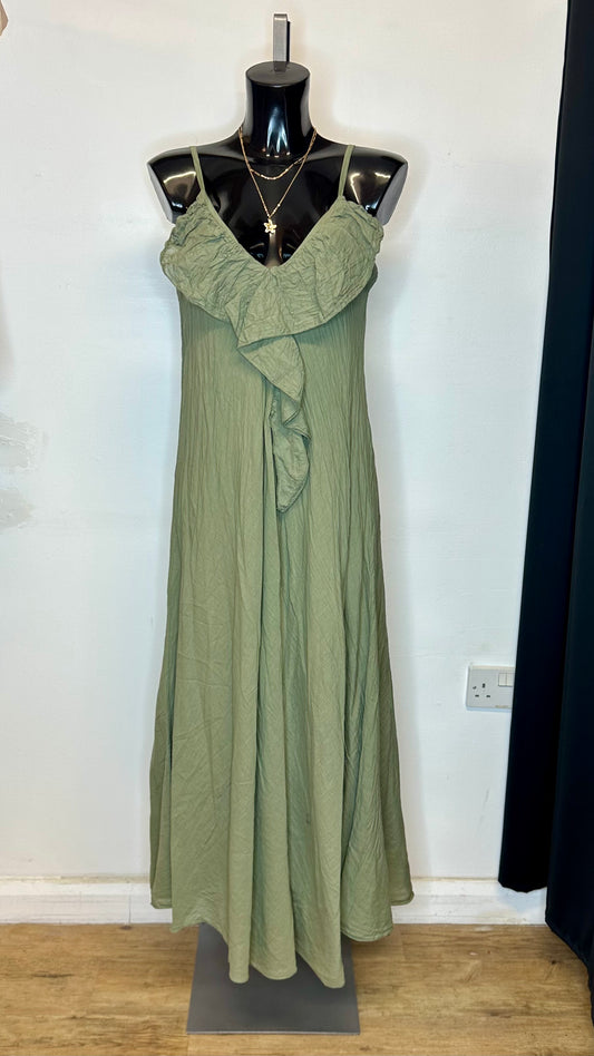 Frill Detail Maxi Dress - Khaki Colour