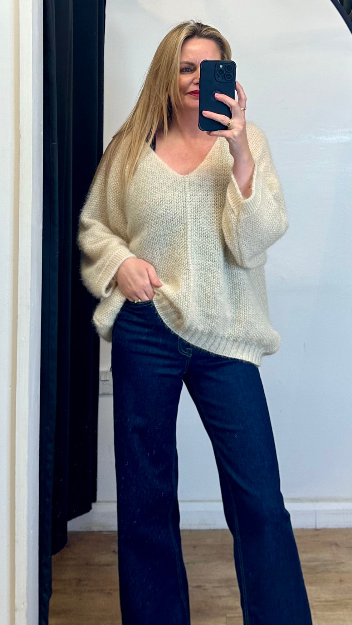 Fluffy V Neck Knit - Cream Colour