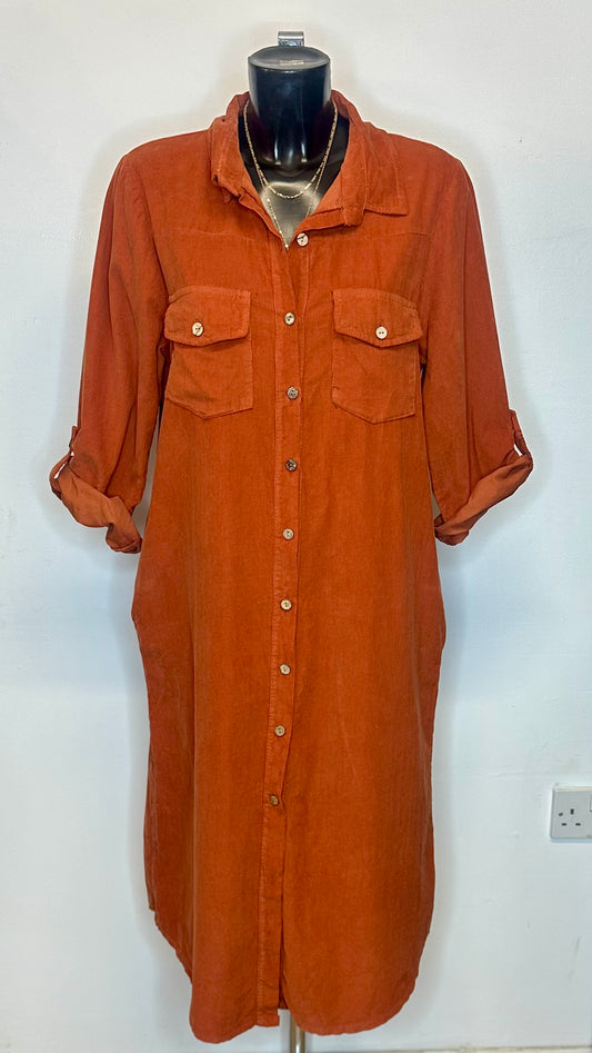 Corduroy Shirt Dress - Terracotta Colour