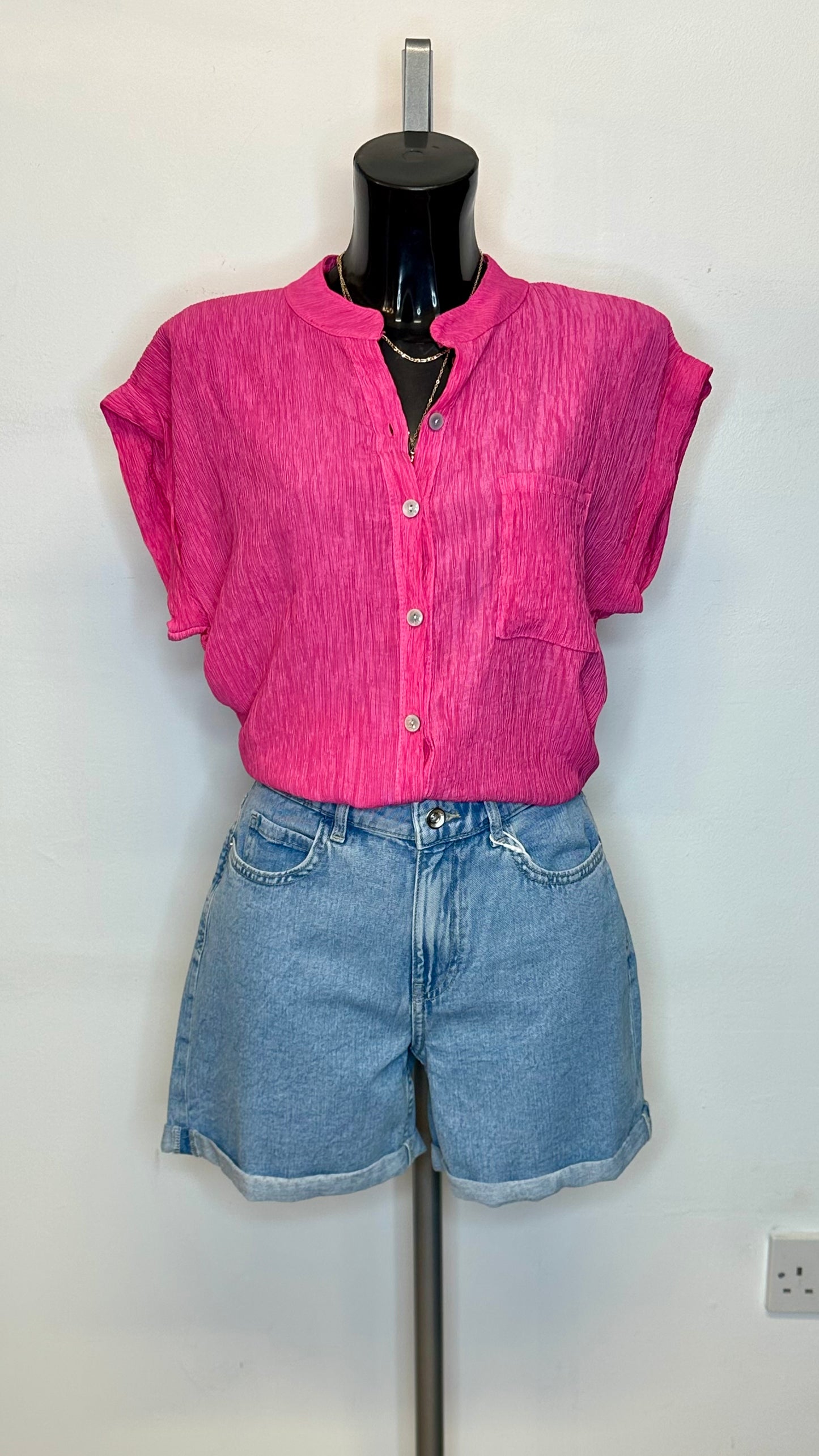 Crinkle Short Sleeve Shirt - Fuchsia