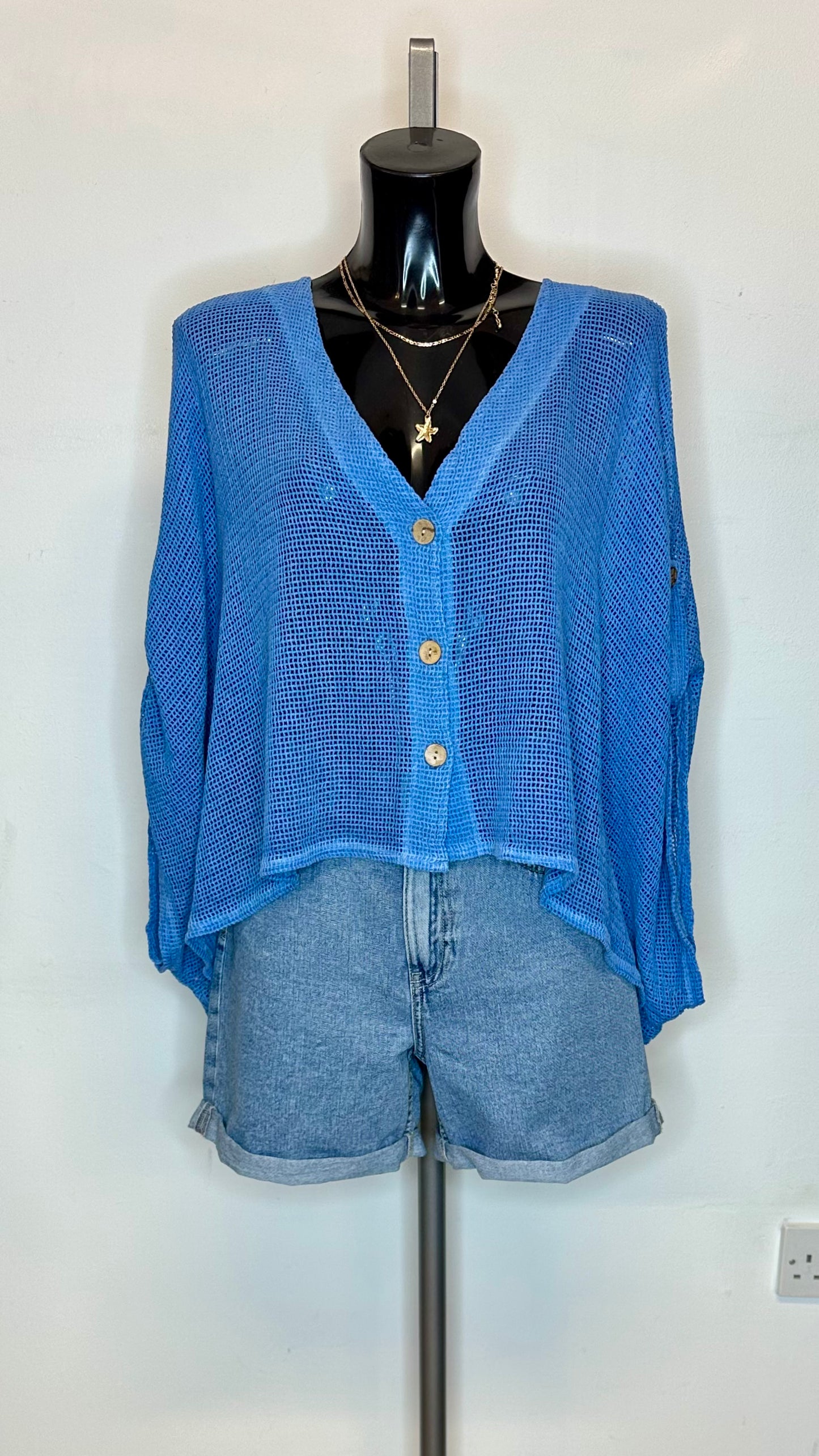 Cotton Mesh Button Top / Cardigan  - Blue Colour