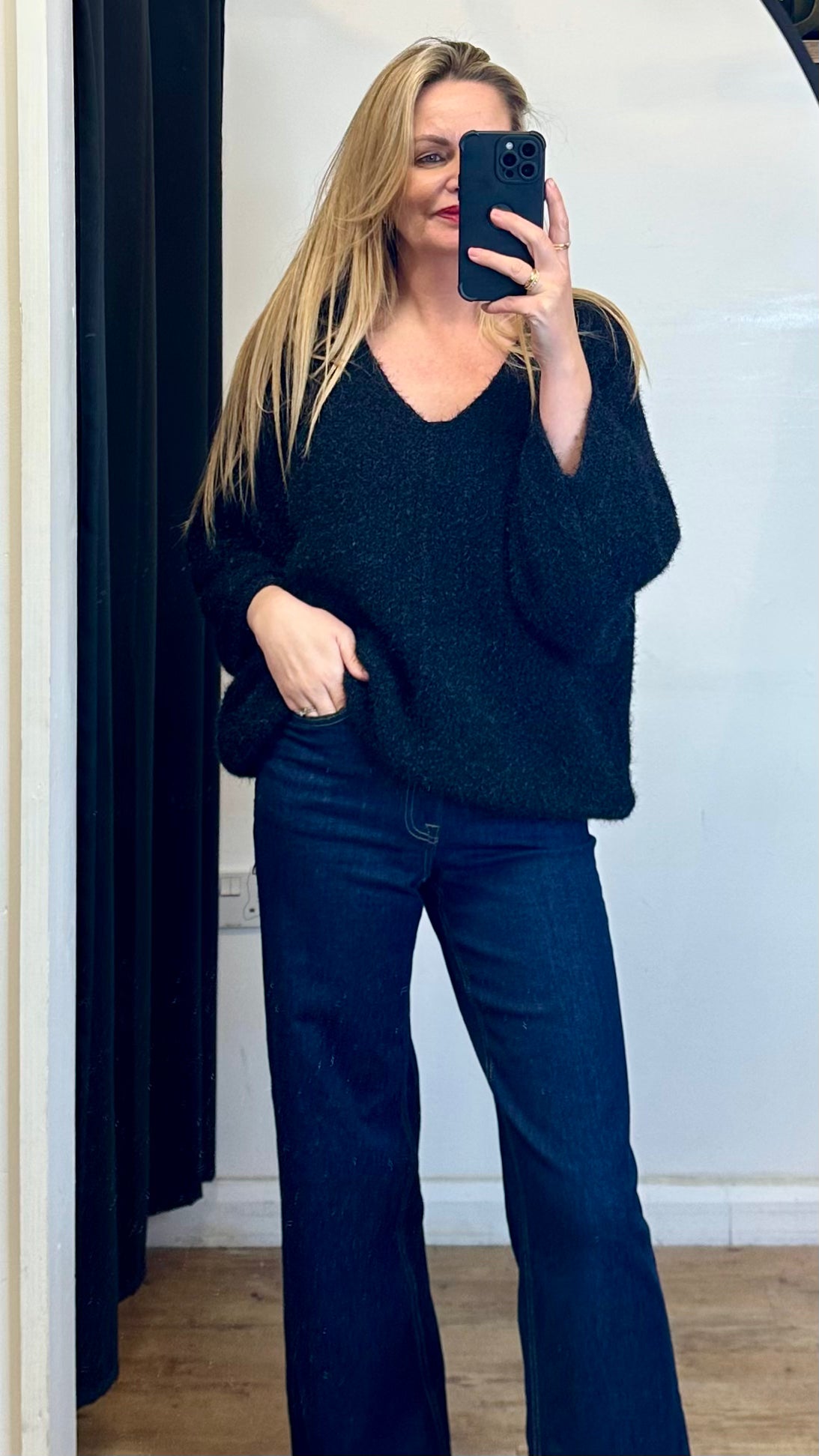 Fluffy V Neck Knit - Black Colour