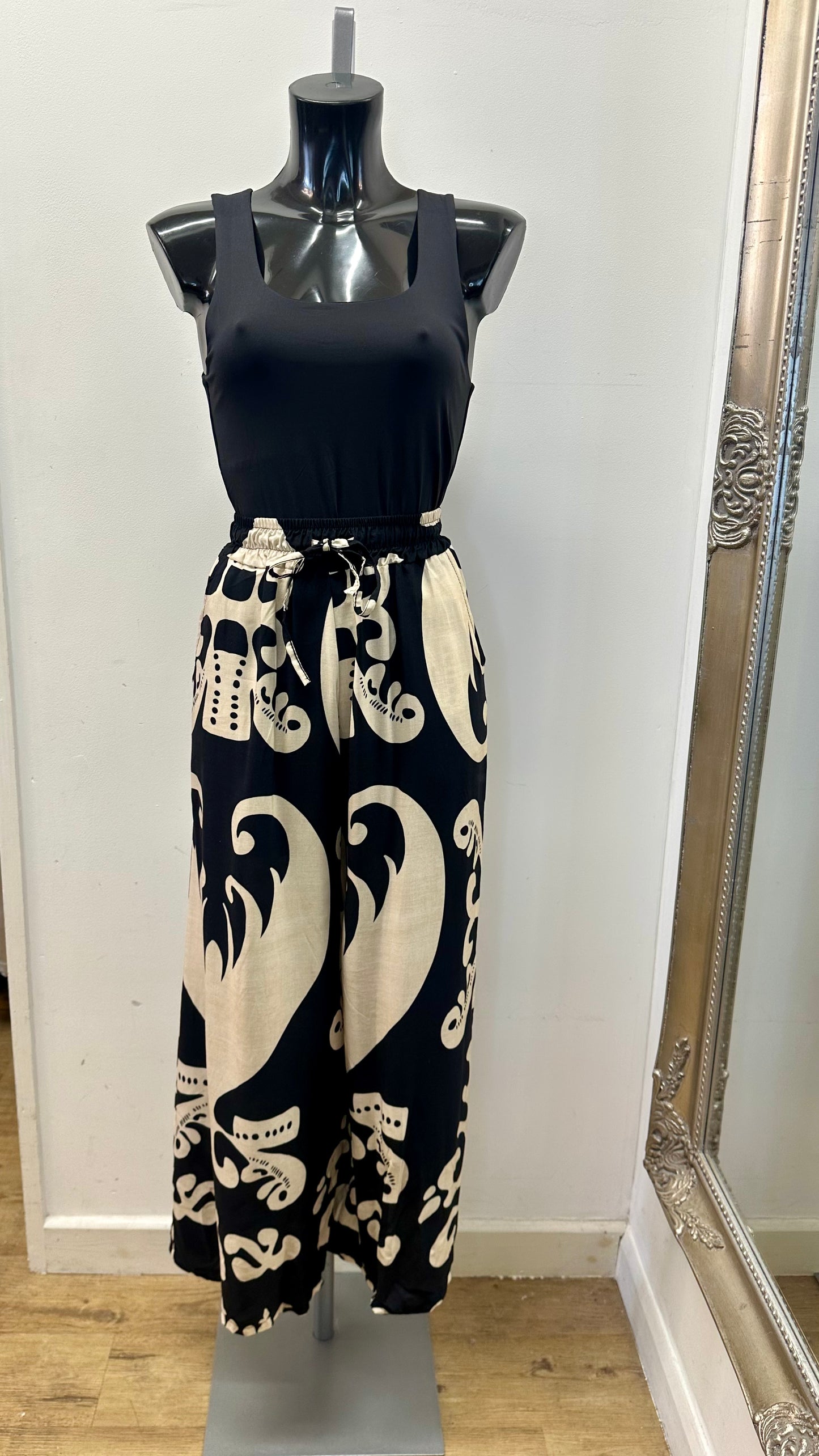 Black Print Wide Leg Trousers