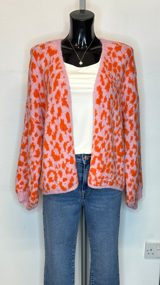 Animal Print Cardigan - Pink / Orange