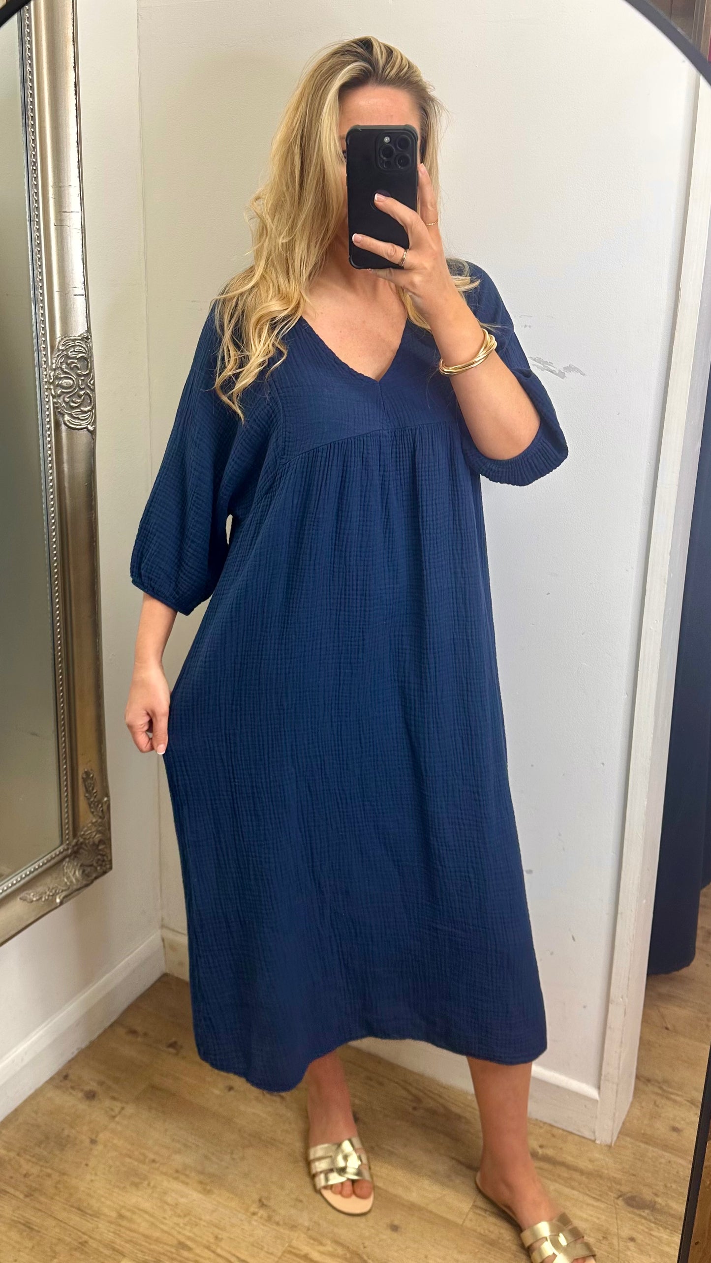 Navy cheesecloth midi dress