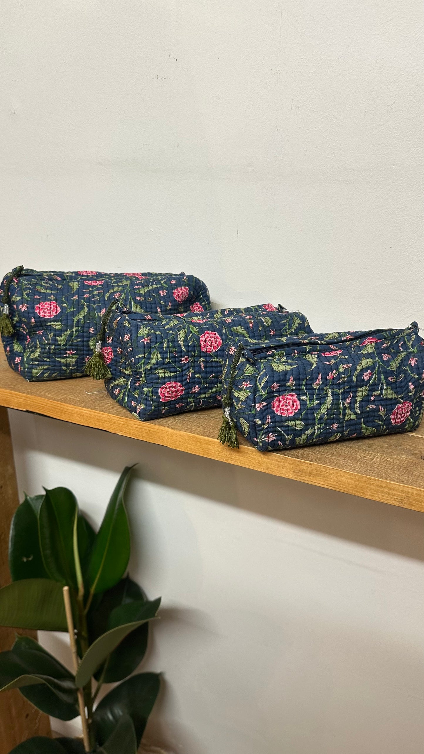 Floral Print Luxury Cotton Wash / Makeup Bag - Navy & Pink