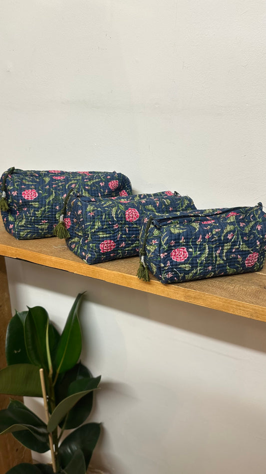 Floral Print Luxury Cotton Wash / Makeup Bag - Navy & Pink