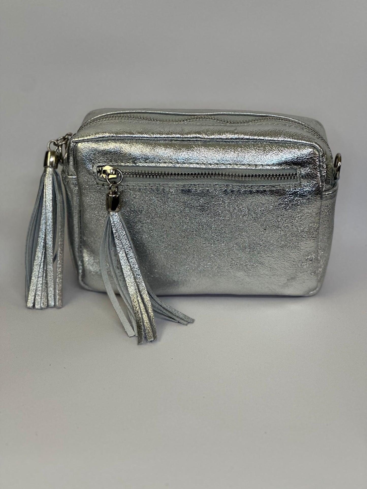 Metallic Silver Camera Bag - Real Leather