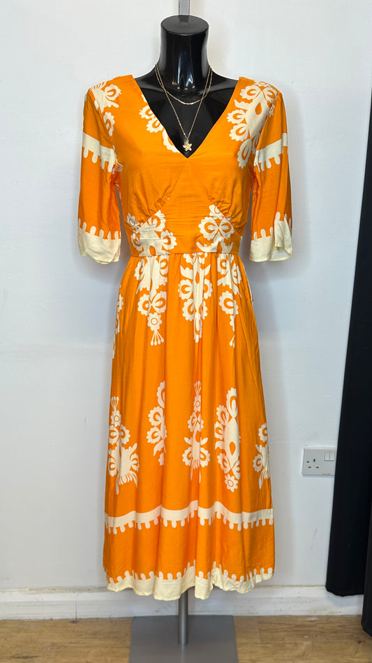 Orange / Cream Print Midi Dress