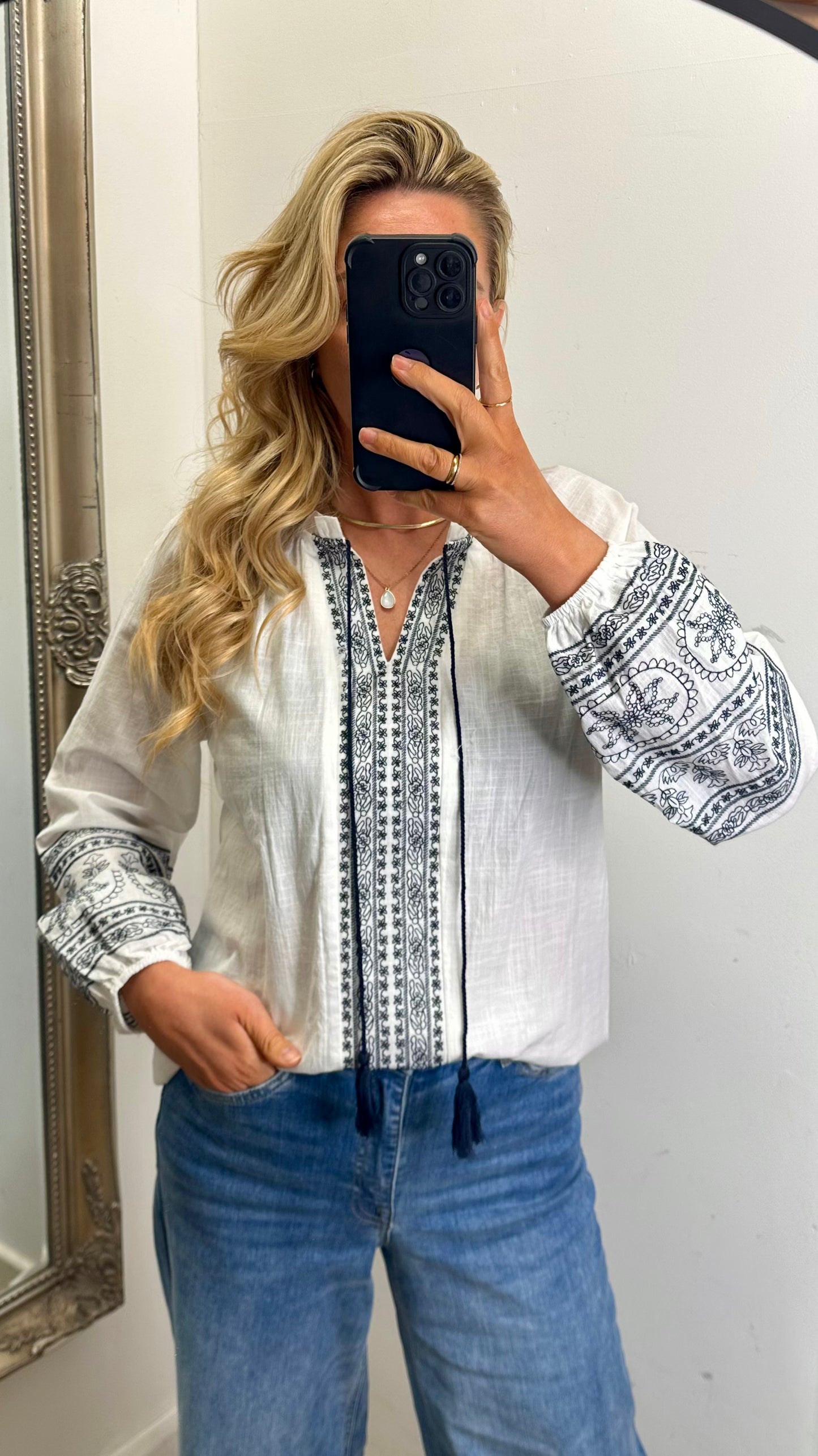White / Navy Pattern Top