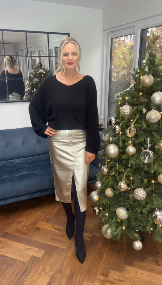 High Waisted Metallic Faux Leather Skirt