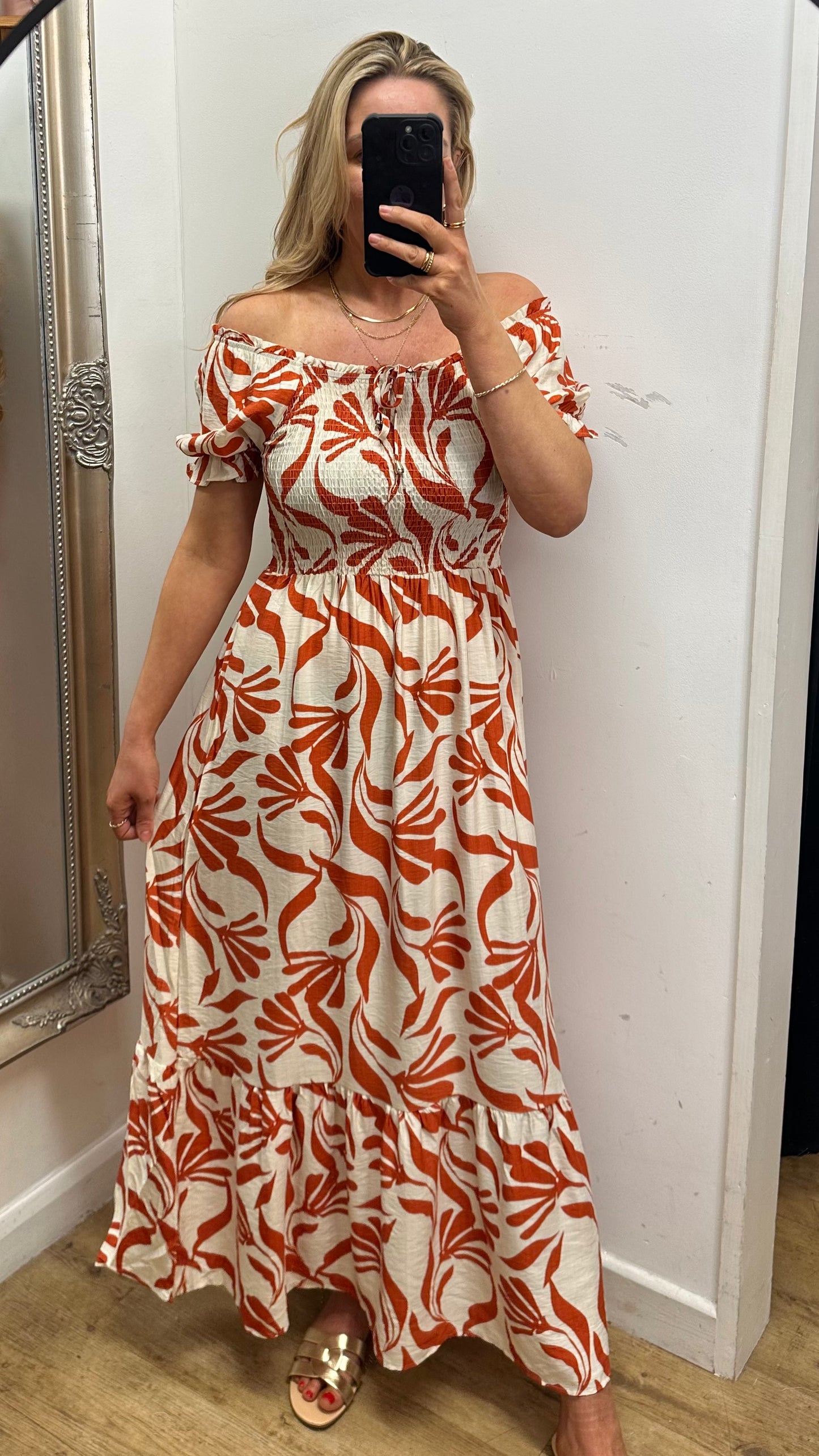 Leaf Print Maxi Dress - Rust Colour