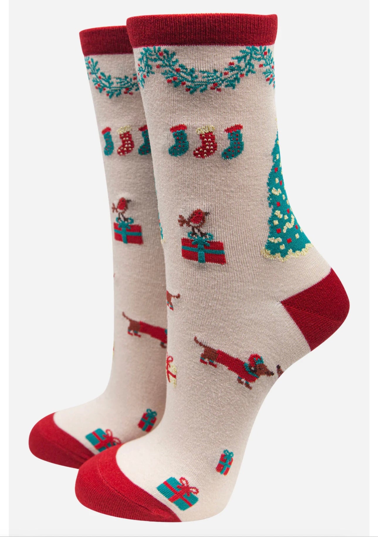 Cream Bamboo Socks - Christmas Sausage Dog / Robin Print