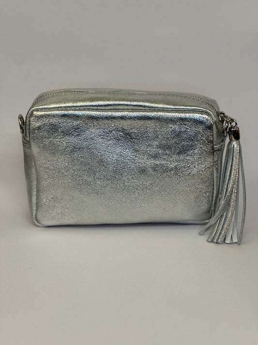 Metallic Silver Camera Bag - Real Leather