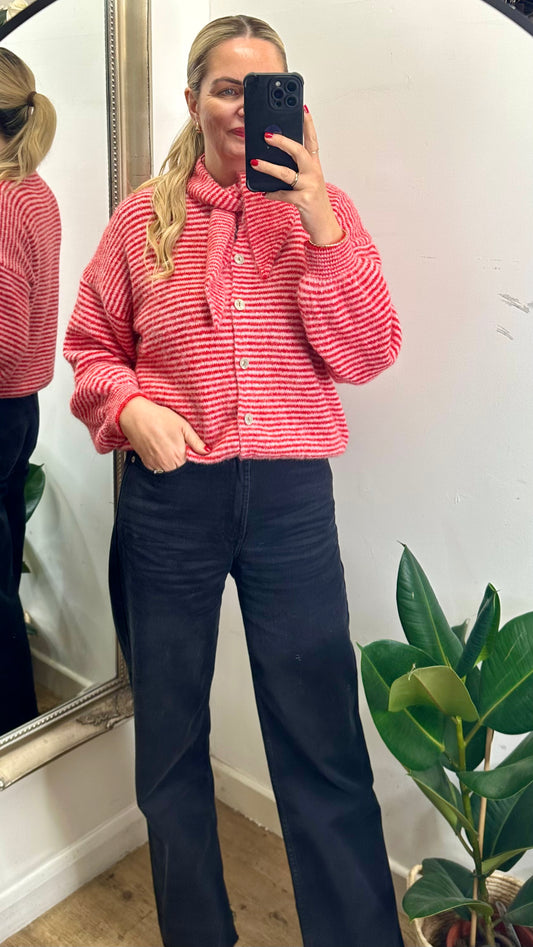Thin Stripe Cardigan - Red / Pink