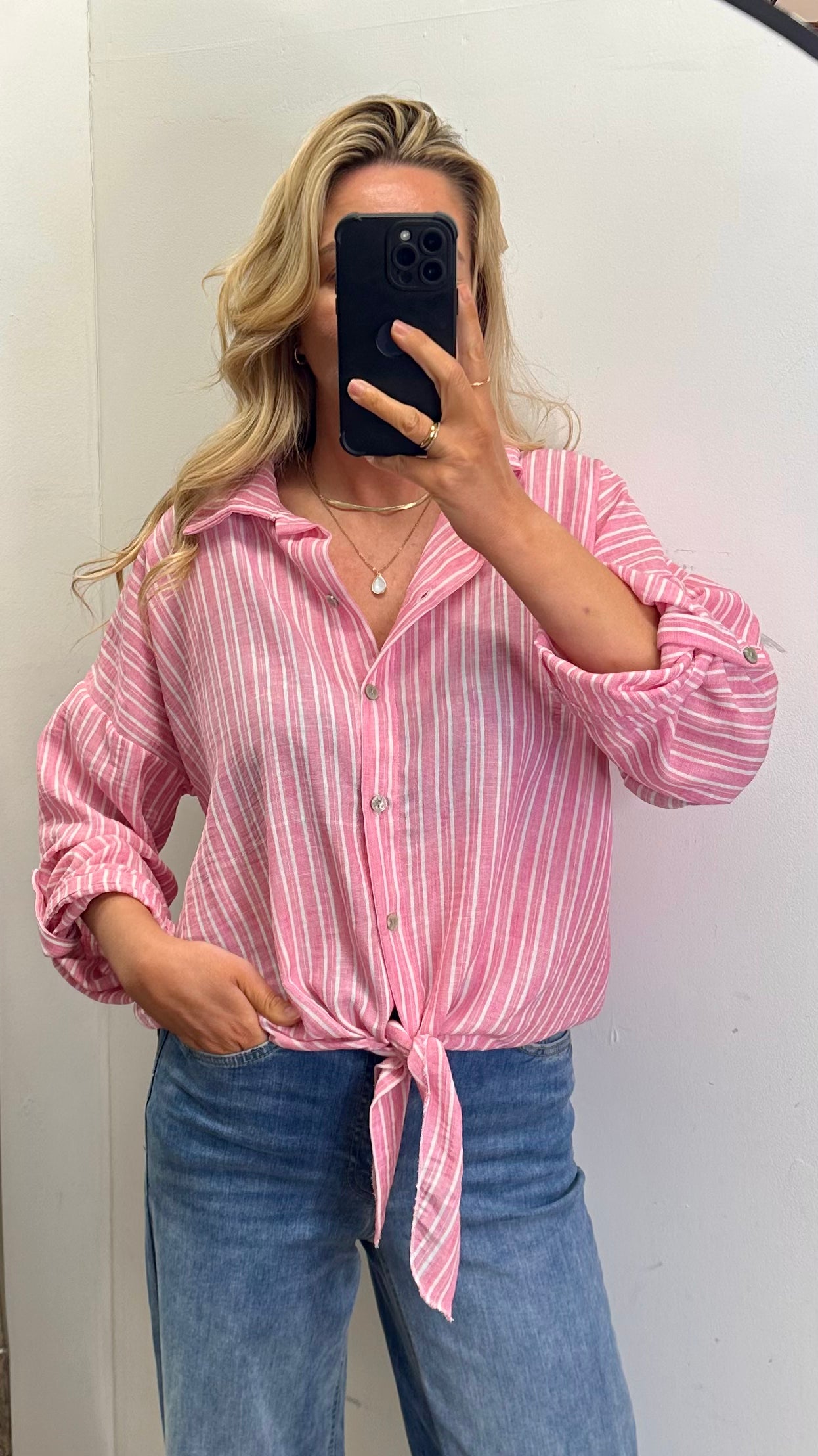 Stripe Tie Shirt - Pink Colour