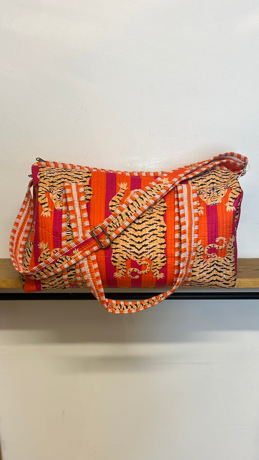 Tiger Print Luxury Cotton Weekend Bag - Orange / Pink Stripe