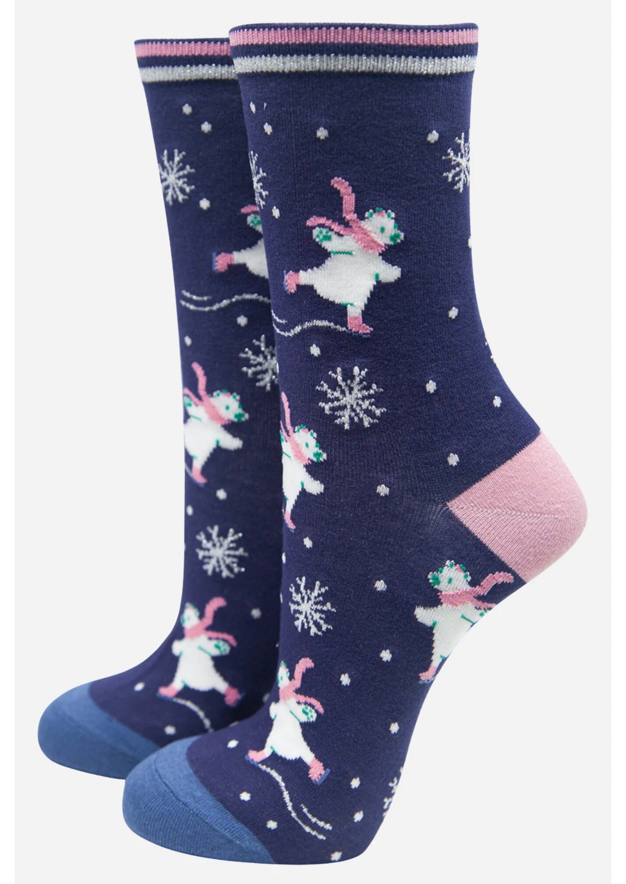 Navy Blue Bamboo Socks - Christmas Polar Bear Ice Skating Print