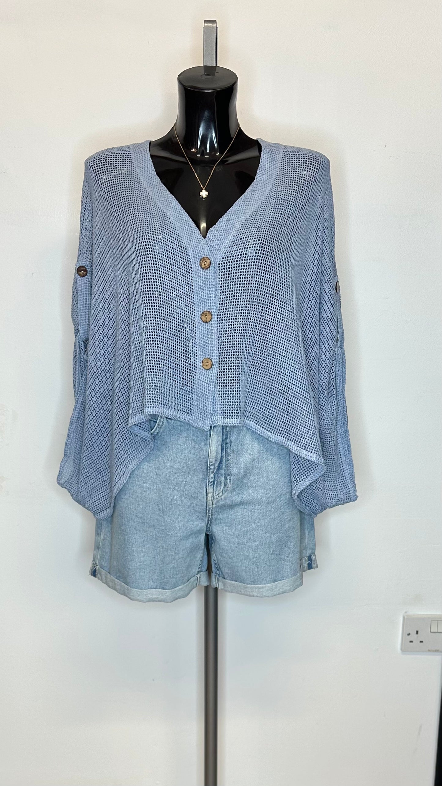Cotton Mesh Button Top / Cardigan  - Light Blue Colour