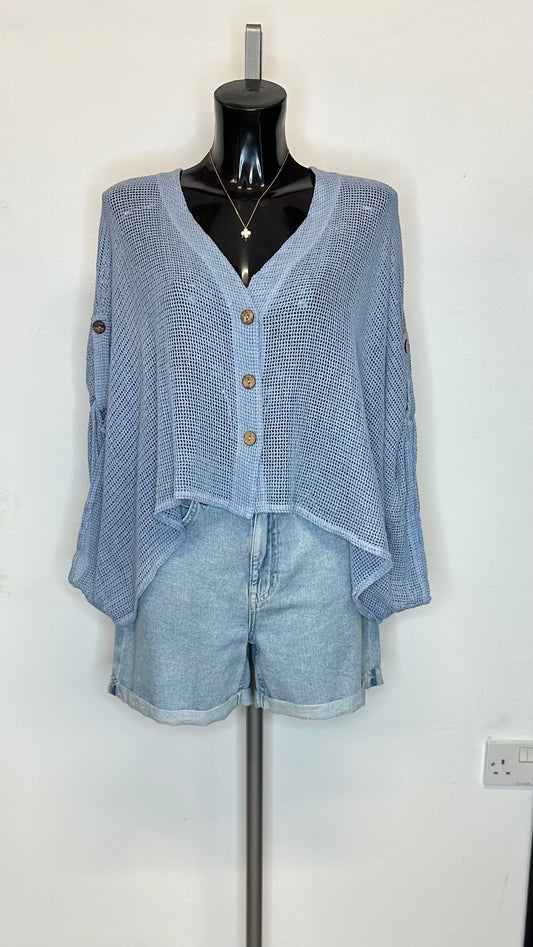 Cotton Mesh Button Top / Cardigan  - Light Blue Colour