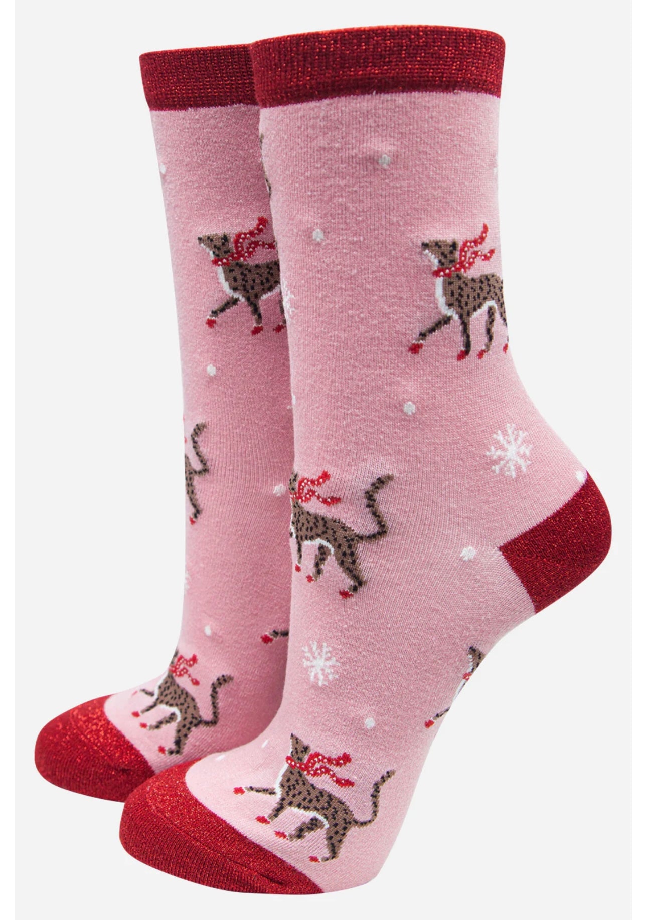 Pink Bamboo Socks - Christmas Cheetah Print