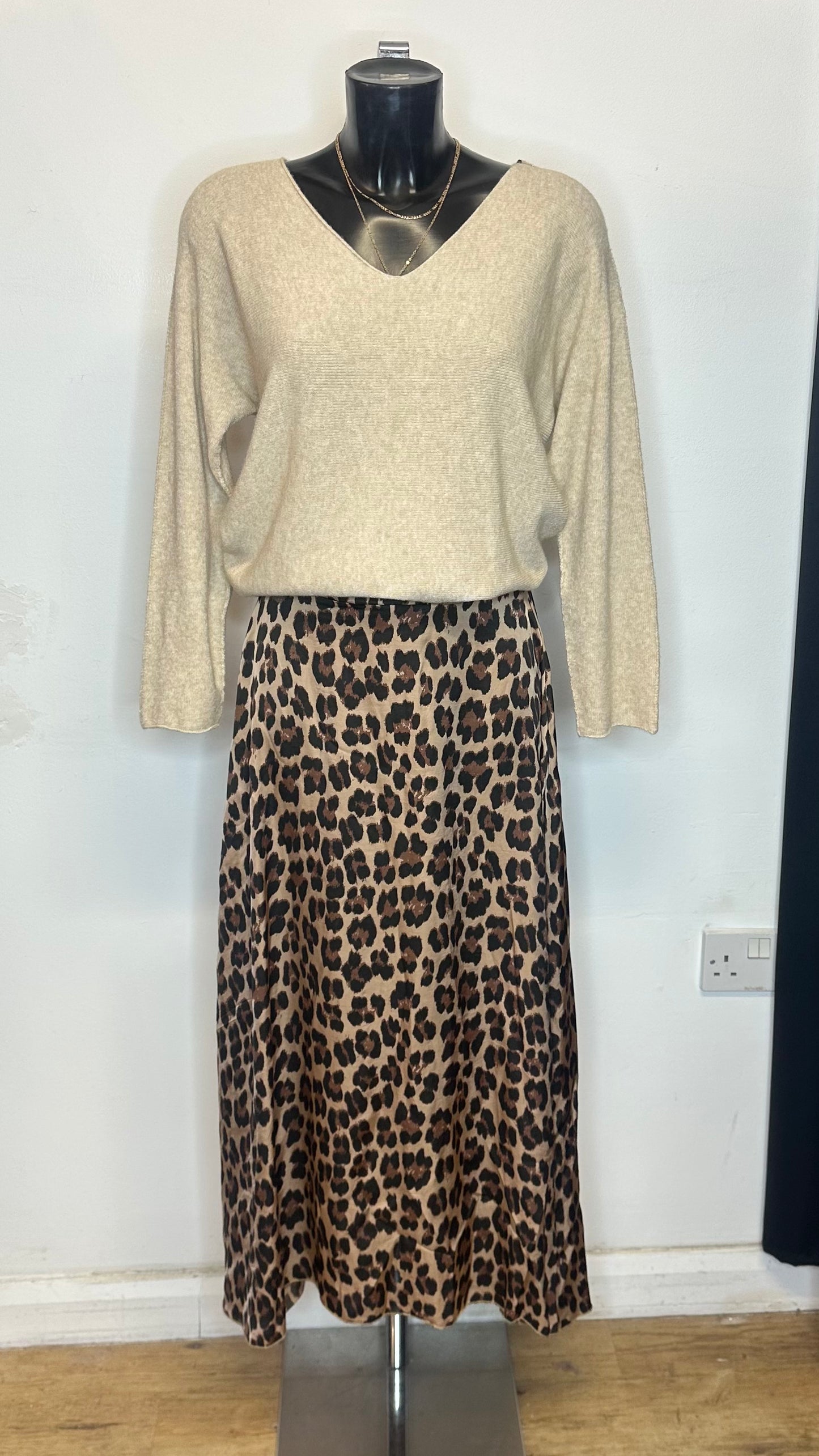 Animal Print Satin Midi Skirt