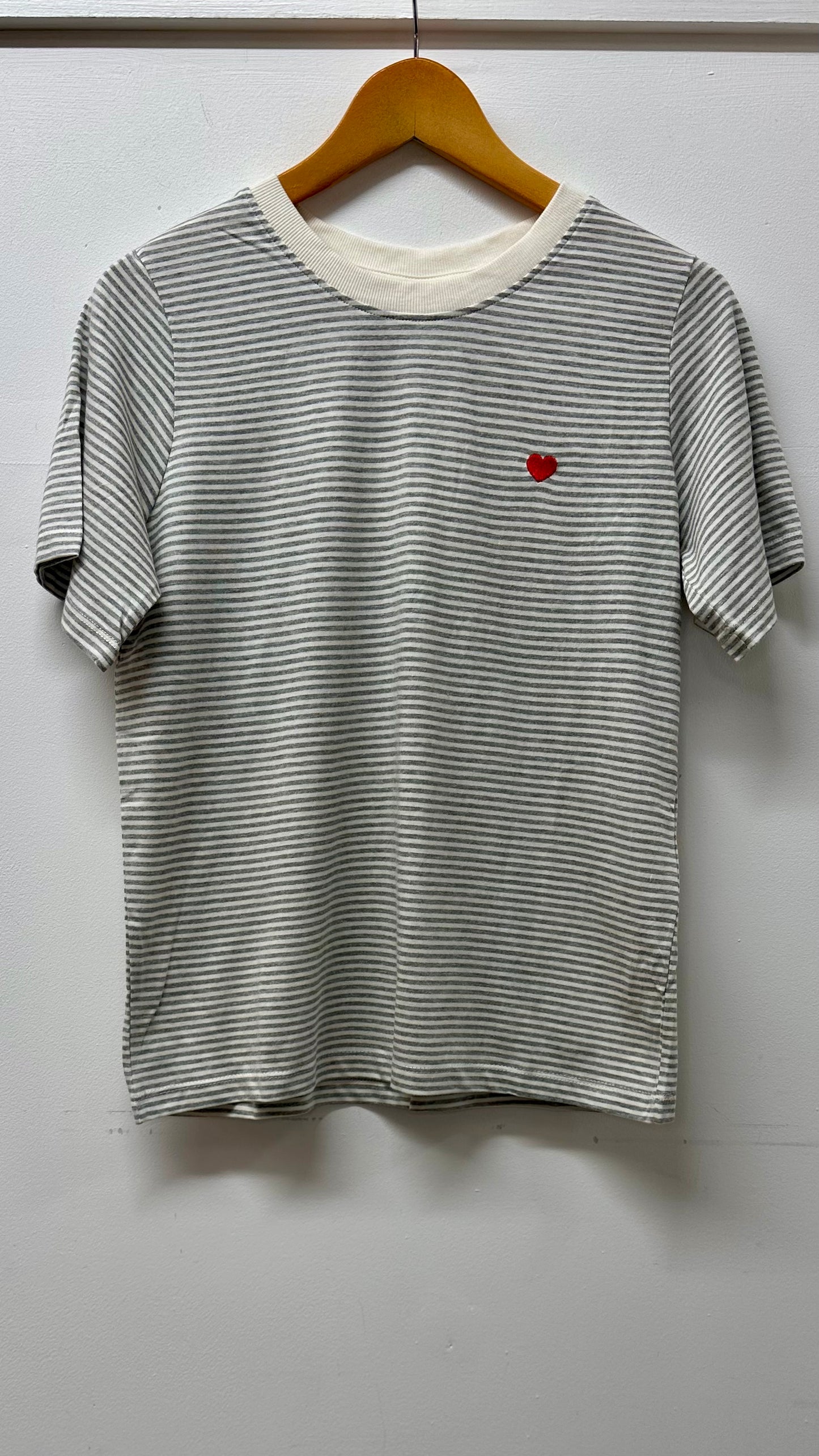 Cream & Grey Stripe T-Shirt - Red Heart Motif