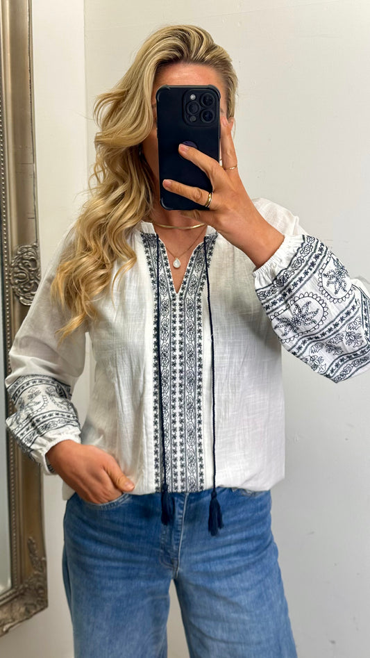 White / Navy Pattern Top