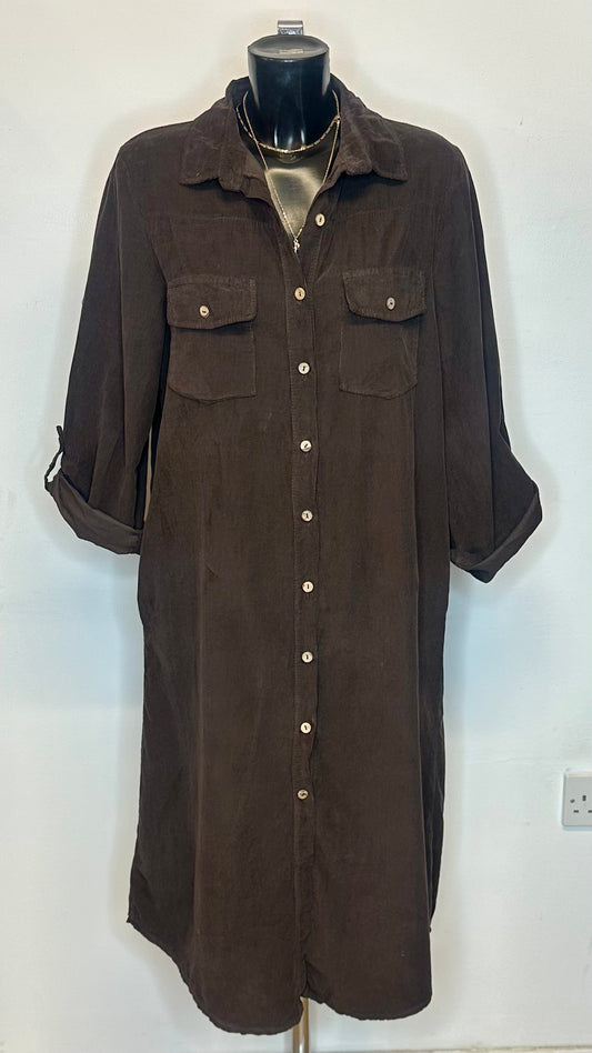Corduroy Shirt Dress - Chocolate Brown Colour
