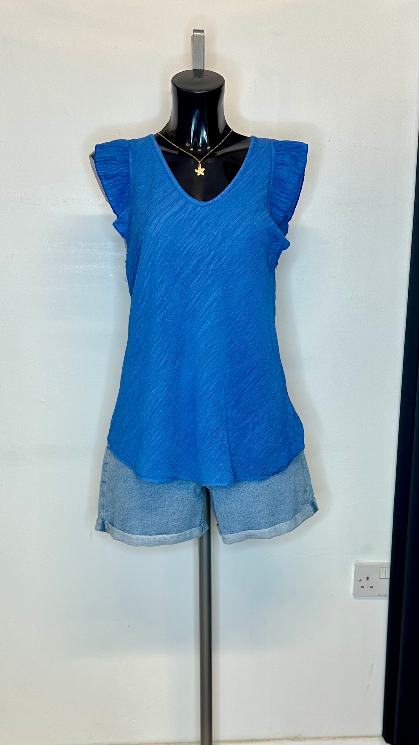Crinkle Frill Sleeve Top - Blue Colour