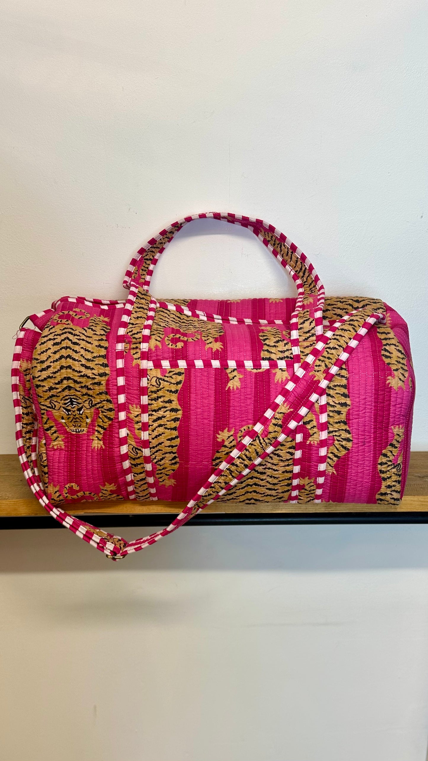 Tiger Print Luxury Cotton Weekend Bag - Pink Stripe
