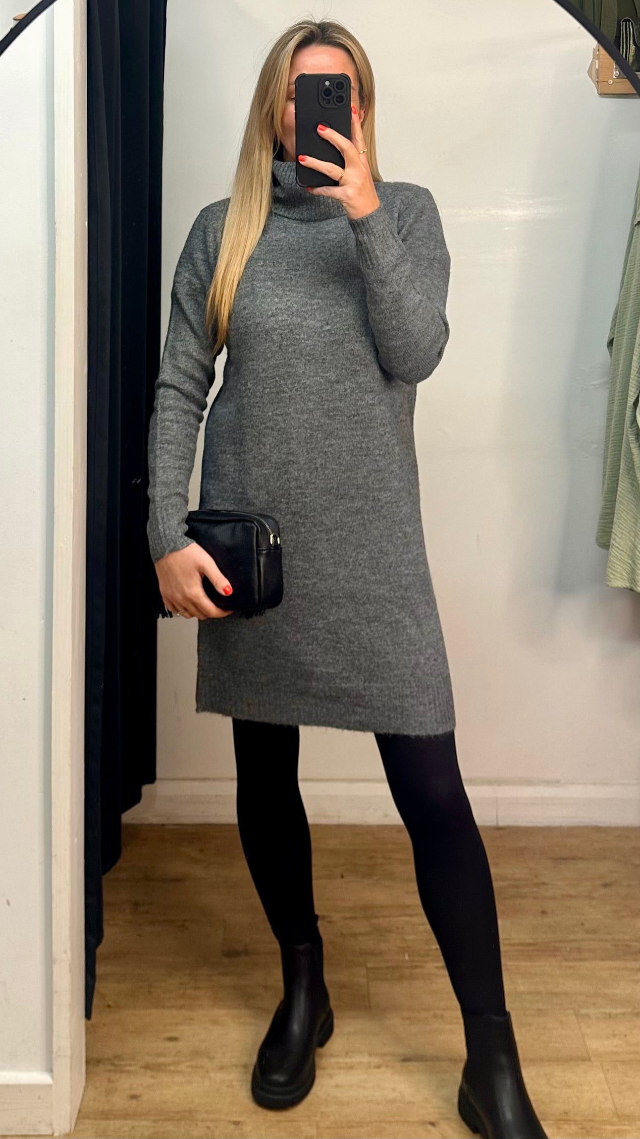 Cowl Neck Knitted Jumper Dress - Grey