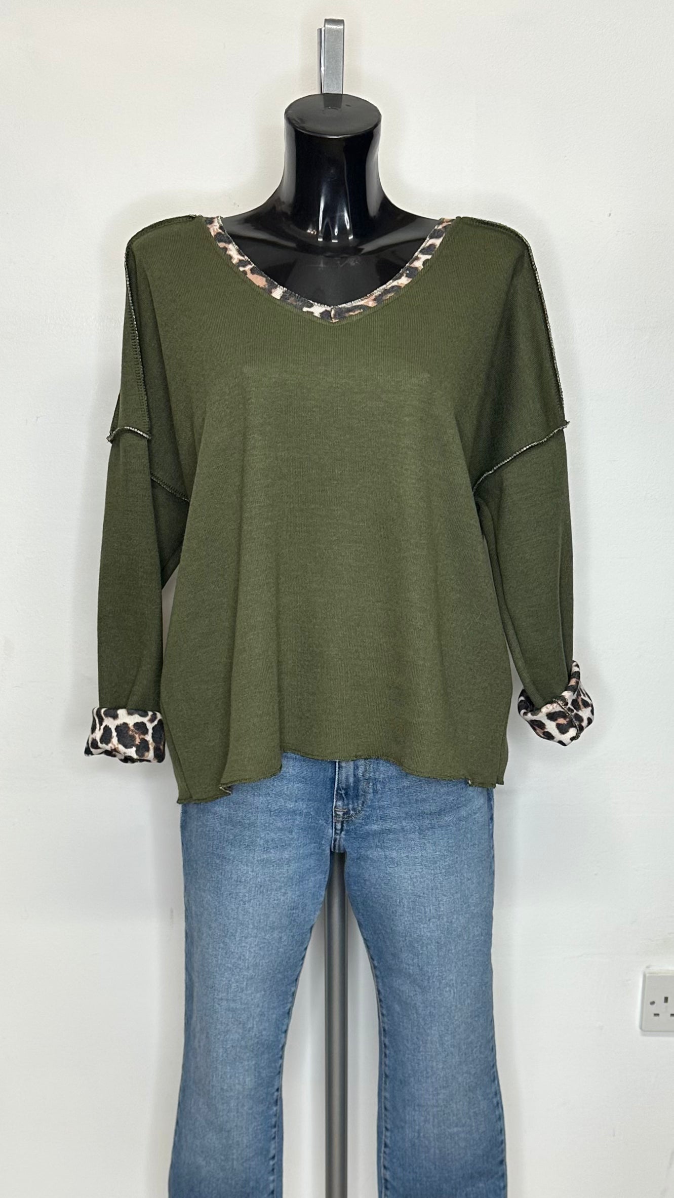 Leopard Trim Jumper - Khaki Colour