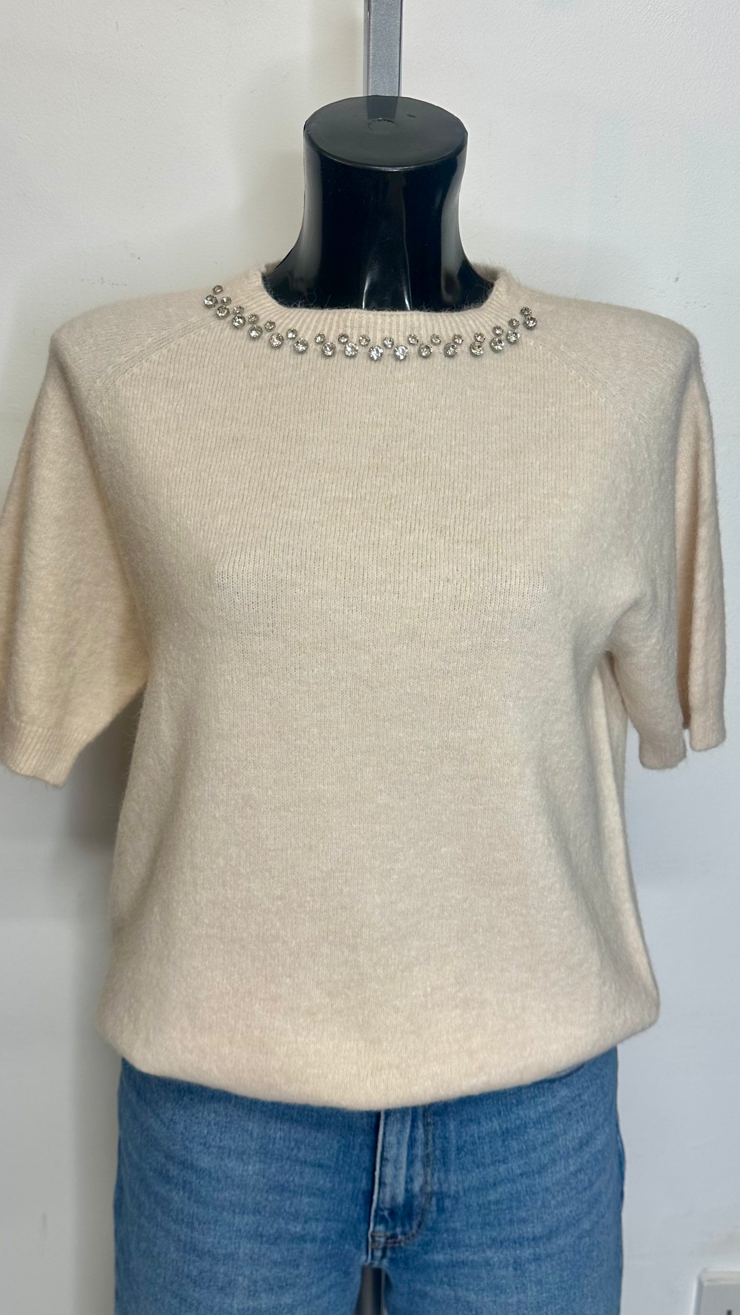 Cream Diamante Neckline Knit