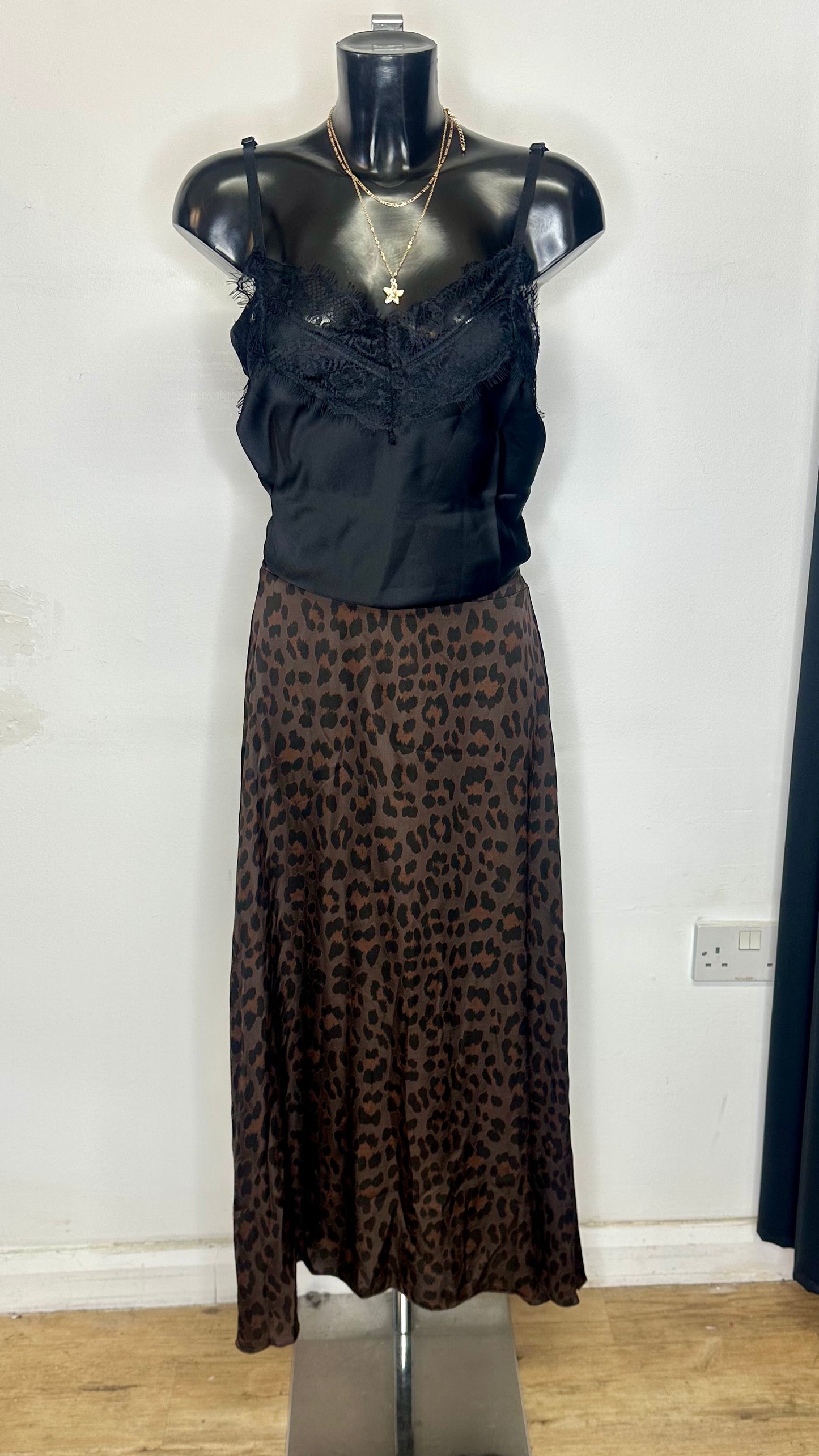 Animal Print Satin Midi Skirt - Brown