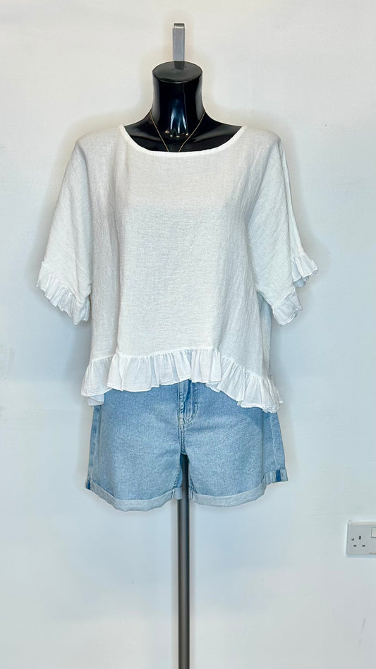 Cotton / Linen Frill Top - White