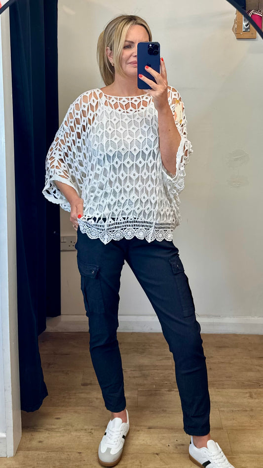 White crochet batwing top