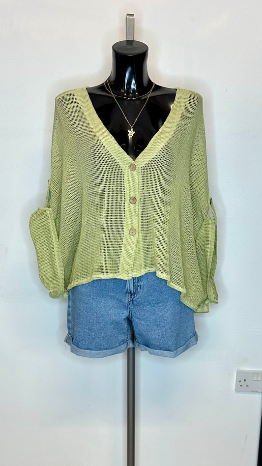 Cotton Mesh Button Top / Cardigan  - Pistachio Green Colour