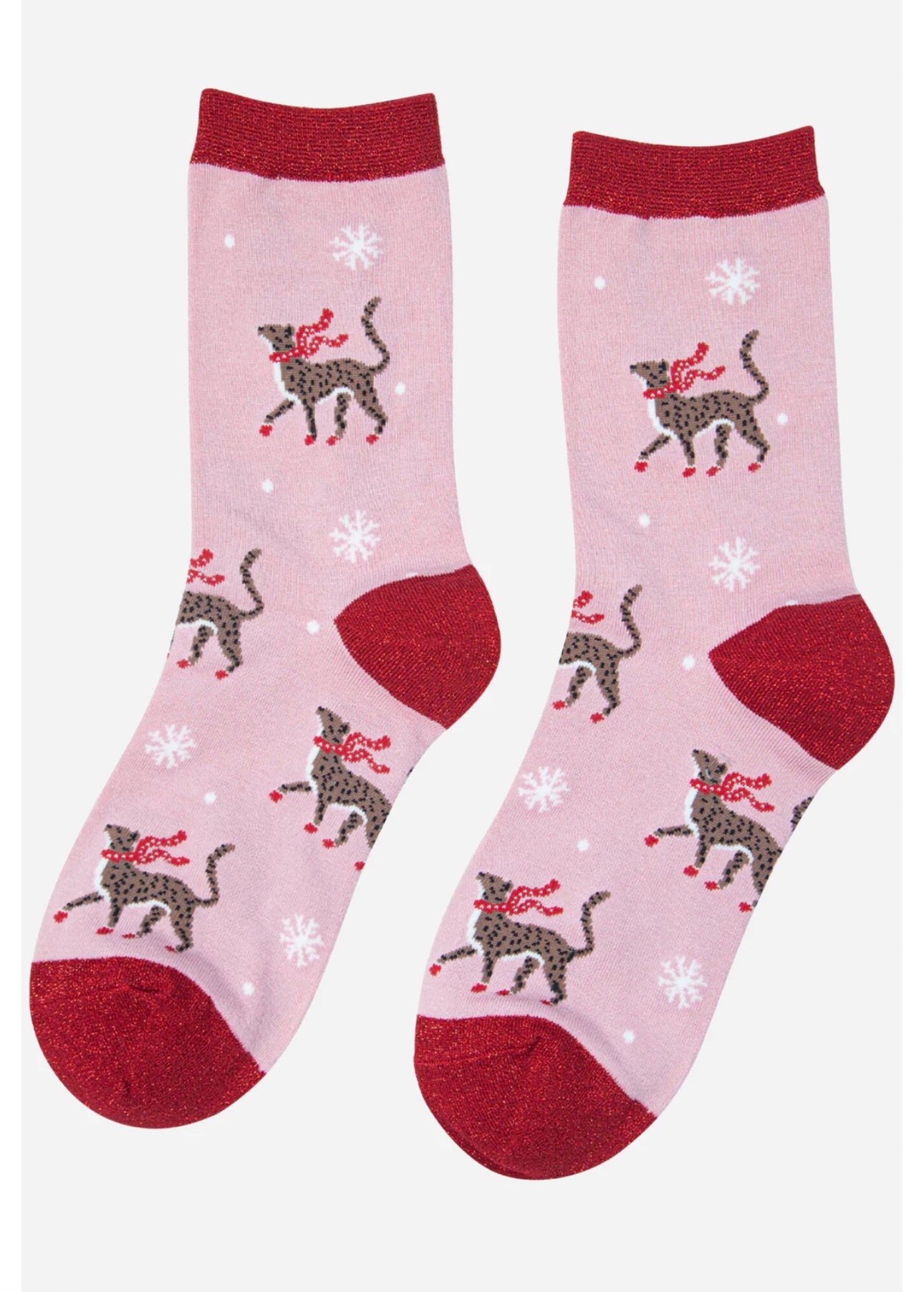 Pink Bamboo Socks - Christmas Cheetah Print